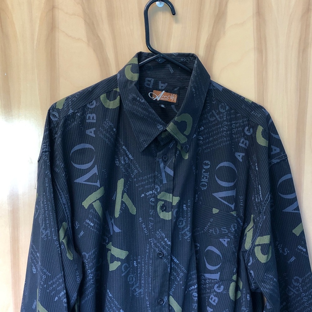 Amalfi from Italy Black and Olive graphic button down cotton blend Shirt.